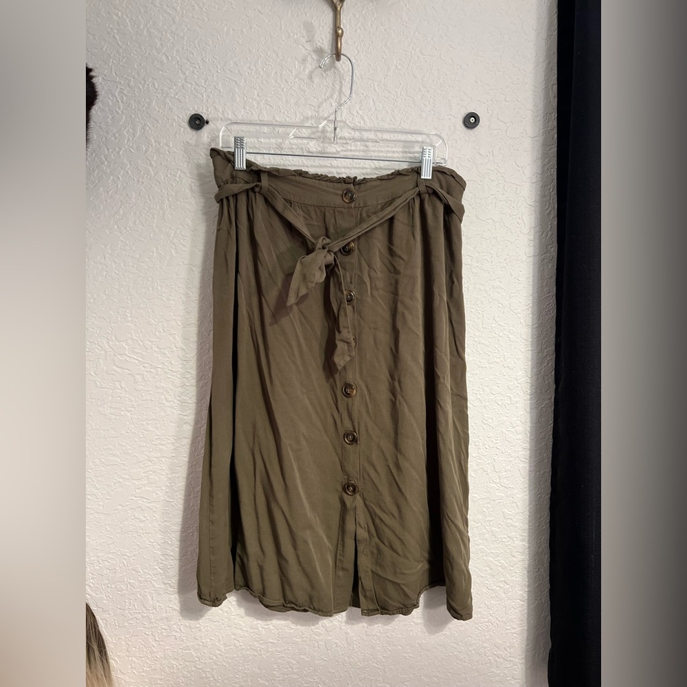 Belted olive green midi skirt with button front